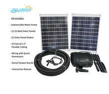 Load image into Gallery viewer, Contents of the Solariver 900+ GPH Solar Water Pump Kit
