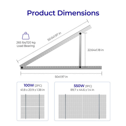 Adjustable Solar Panel Mount Brackets with Foldable Tilt Legs (50in) on Any Flat Surface for Any Off-Grid System