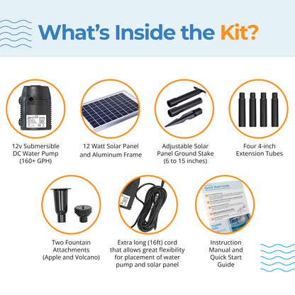 Solar Water Pump Kit (160+GPH, 12v DC Submersible, 12 Watt Solar Panel)