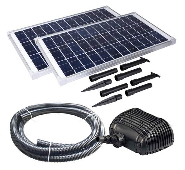 This Solariver Solar Water Pump Kit with 900+ GPH flow rate includes Submersible direct current Pump and two 35 Watt Solar Panels. For waterfalls, fountains, ponds and more.
