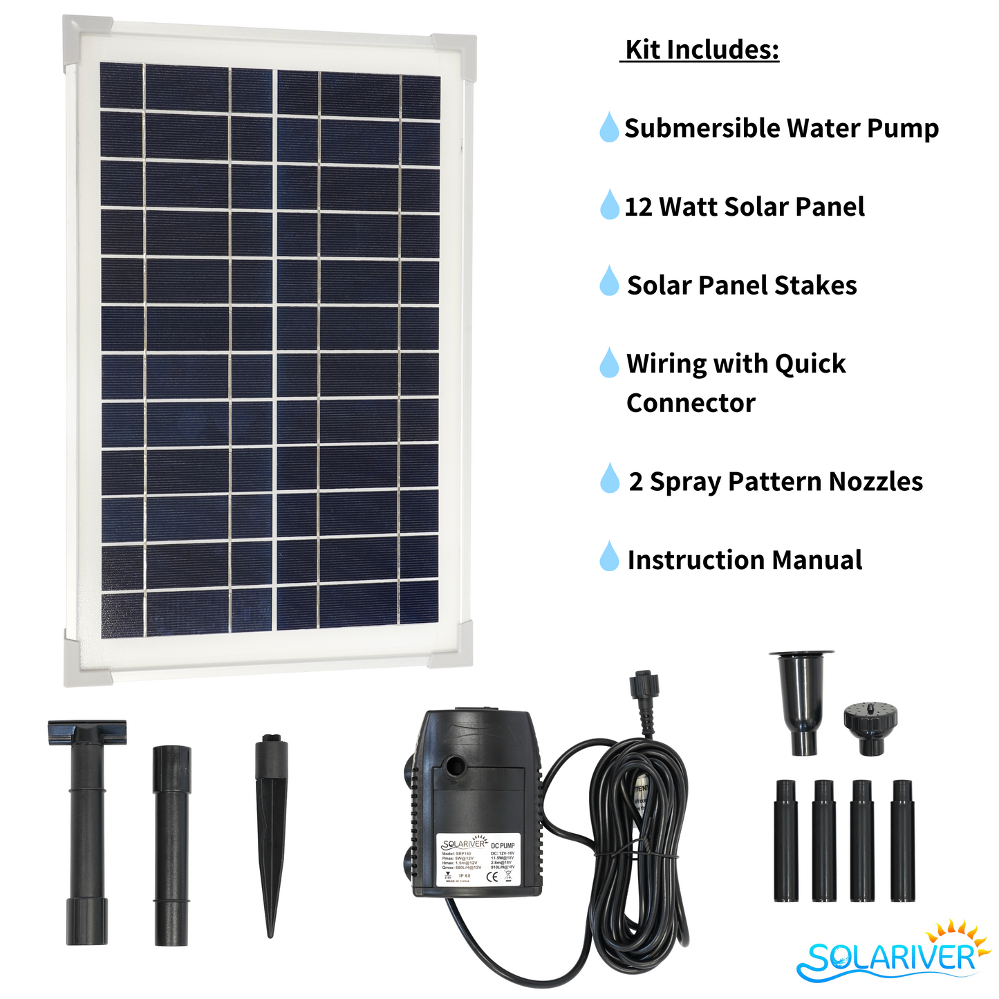 [Open Box] Solariver™ Solar Water Pump Kit (160+GPH, 12v DC Submersible, 12 Watt Solar Panel)